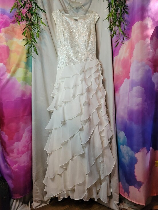 Cassandra Stone Dresses & Skirts - Elegant White Ruffled Lace, Beaded & Embroidered Wedding Dress